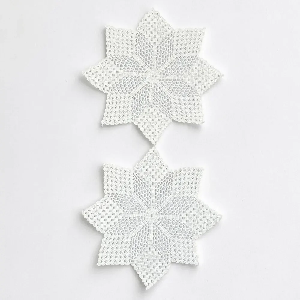 Vintage Hand Crocheted Doilies Set 2 White Table Topper Openwork Star Snowflake